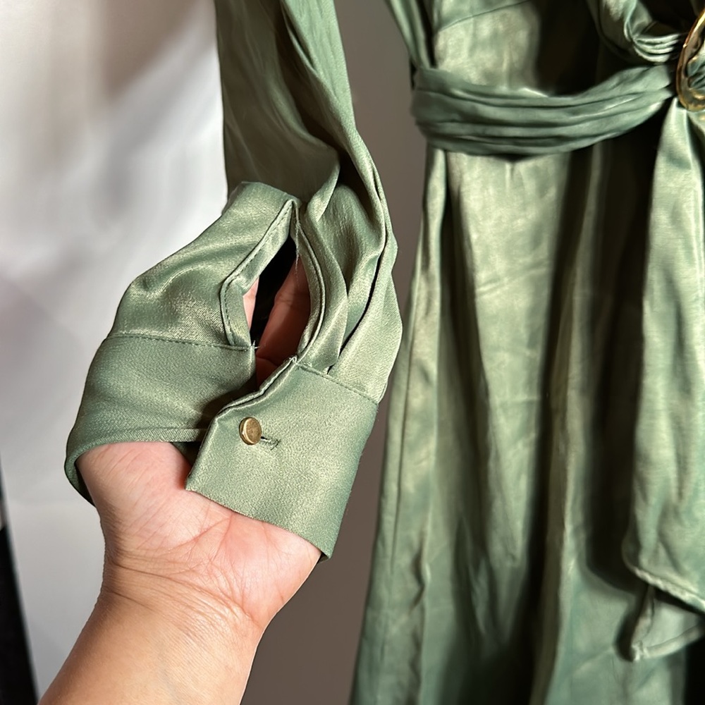 {VGUC} $89 ZARA Khaki Green Satin Belted Mini Shirt Dress - Picture 8 of 11